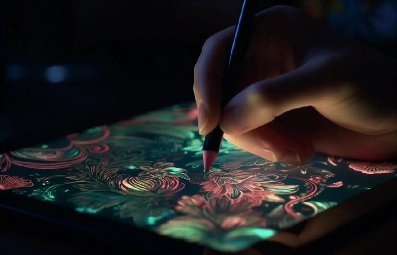 Digital art workspace con tablet e layers